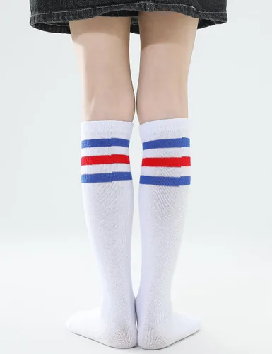 Vista 22 de TOCONFFON Calcetines de tubo hasta la rodilla para niños, niñas y adolescentes, calcetines deportivos de algodón para la escuela de fútbol, uniforme