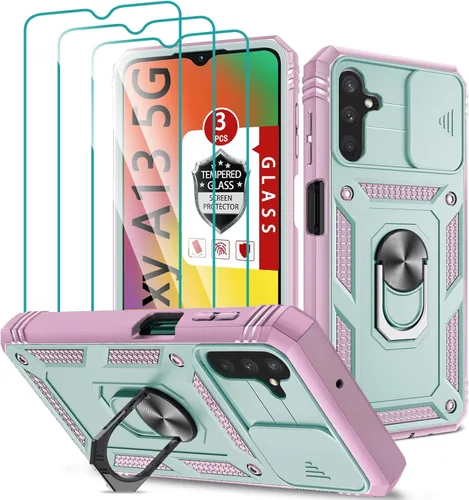 Vista 10 de Funda para Galaxy A13 5G, funda para Galaxy A04S con 3 protectores de pantalla de vidrio templado con soporte de anillo integrado + cubierta