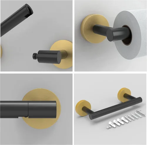 Vista 4 de RARXTR Soporte de papel higiénico negro y dorado SUS304 de acero inoxidable con doble poste pivotante, soporte de papel higiénico montado