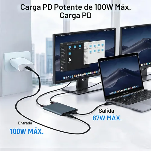 Vista 6 de Adaptador USB C a HDTV dual, adaptador multipuerto USB C de 4K a 60 Hz con 2 HDMI, USB 3.0, 100 W PD, macOS solo permite modo espejo, Windows