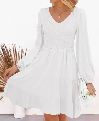 Vista 9 de ZESICA Minivestido casual con cuello en V y manga larga fruncida y cintura alta fruncida con volantes en línea A