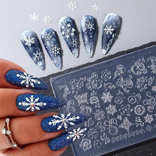 Vista 3 de Adornos de uñas de Navidad Moldes de silicona Moldes de uñas de mariposa de flores Campanas de Navidad Plantillas de tallado de uñas de copo