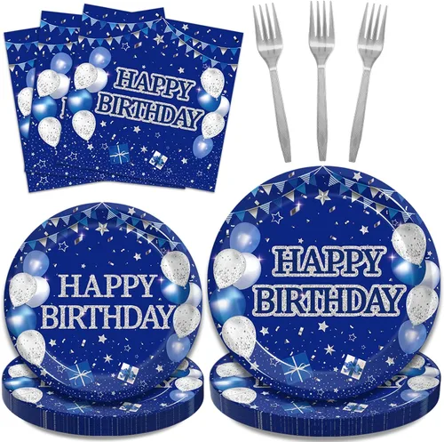 Vista 8 de Kepeel Juego de vajilla de 96 piezas para fiesta de 16º cumpleaños, decoraciones y suministros azul y plateado Feliz 16º Cumpleaños para niños