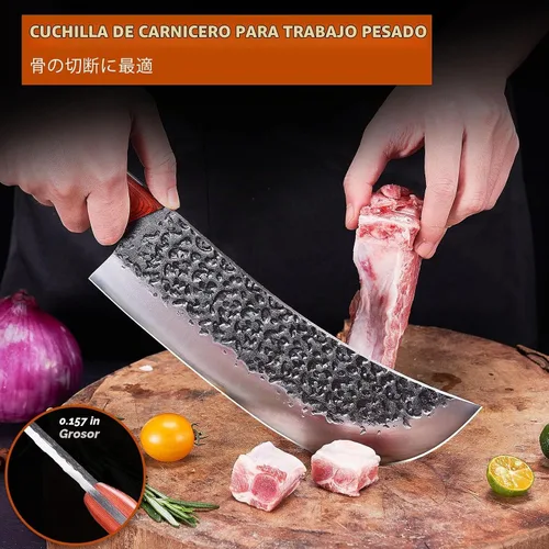 Vista 2 de Juego de cuchillos de carnicero profesional, cuchilla de carne pesada forjada a mano, cuchillo de chef serbio, cuchillo de deshuesado vikingo, juego