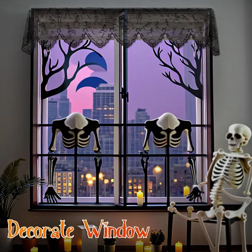 Vista 5 de AerWo Cubierta de bufanda de encaje negro para chimenea, decoración de Halloween para interiores, decoración de cortina de ventana de puerta