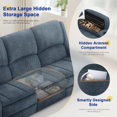 Vista 4 de Sofá reclinable de 3 plazas, sofá reclinable con consola elevable (tela, azul) Reclining Sofa with USB Removable Armrest, RV Sofa with Cup Holder