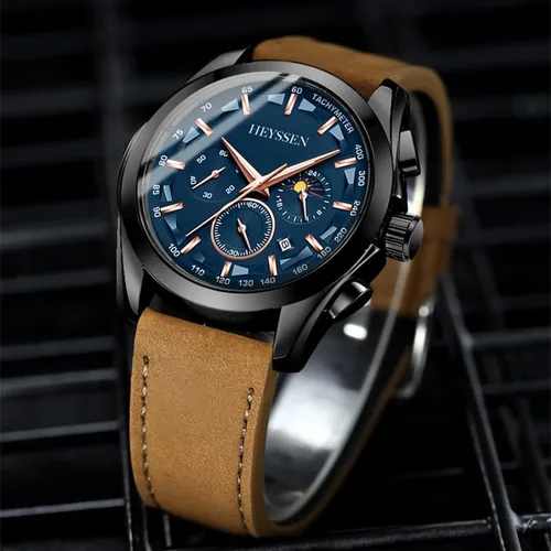 Vista 8 de Watches for Men Chronograph Analog Luminous Quartz Watch Blue Black Luxury Genuine Leather Mens Watches Business Sports Waterproof Wristwatch