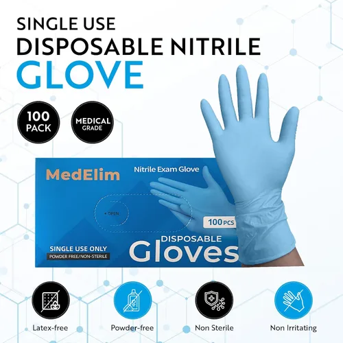 Vista 2 de Guantes de examen médico de nitrilo: sin polvo, no estériles, guantes desechables de 5 mil, color azul