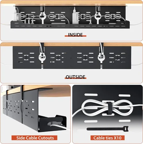 Vista 8 de Univivi Bandeja de organización de cables debajo del escritorio, organizador de cables de acero de 32 pulgadas, abrazadera en C sin taladrar