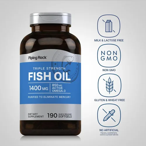 Vista 3 de Piping Rock Suplemento Omega 3 de aceite de pescado 1400 mg 190 cápsulas blandas para mujeres y hombres Triple fuerza con EPA y DHA Sin