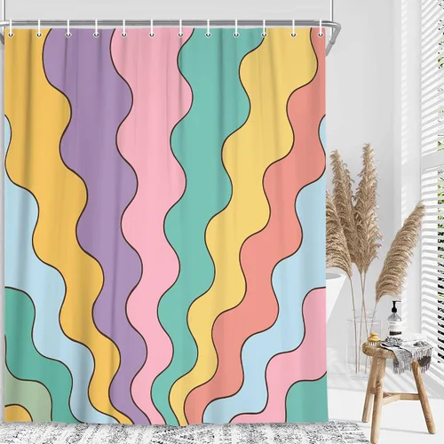 Vista 2 de Neutral Muted Earth Tone Wavy Shower Curtain Mid Century Modern Sage Taupe Blush Abstract Boho Bathroom Curtain Set with Hooks 36x72 Inch