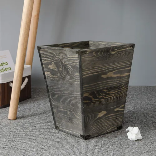Vista 5 de Basurero cuadrado de madera estilo granja con soportes metálicos decorativos para dormitorio, sala de estar, baño y oficina, papelera (gris rocho)