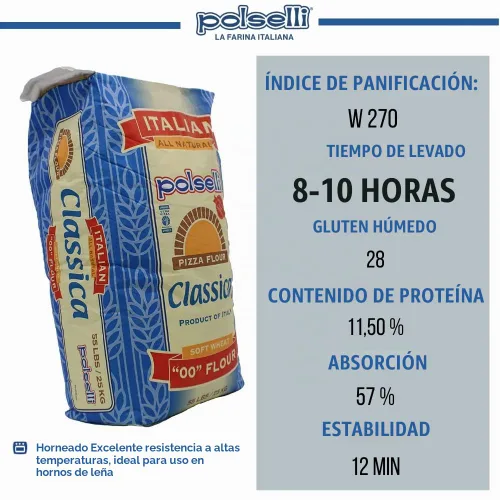 Vista 5 de POLSELLI Classica, Tipo 00 Double Zero Flour, Soft Wheat, 25 kg (55 lbs)