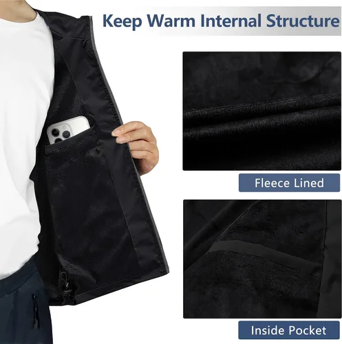 Vista 4 de Heihuohua Chaleco de forro polar suave para hombre, chaqueta ligera sin mangas con cremallera completa