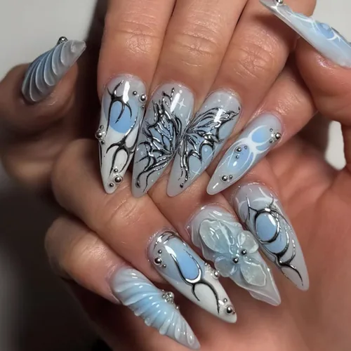 Vista 29 de BABALAL - Uñas postizas largas a presión, uñas postizas negras y rojas, uñas acrílicas de almendra con diseño gótico de vampiro, uñas adhesivas