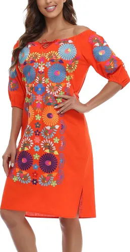 Vista 9 de YZXDORWJ Vestido bordado mexicano de manga corta para mujer