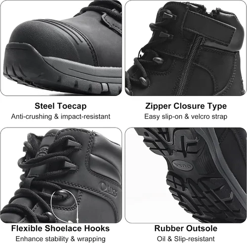 Vista 7 de Botas de trabajo para hombre, zapatos con punta de acero y cremallera lateral, resistentes al agua, antideslizantes, a prueba de pinchazos (OX2720)