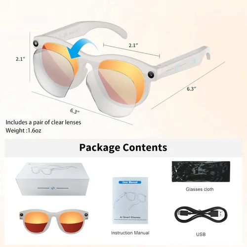Vista 6 de Lentes inteligentes con cámara, lentes de sol Bluetooth AI, traducción, control de voz, reproducción de música para viajes, conferencias y vlogging