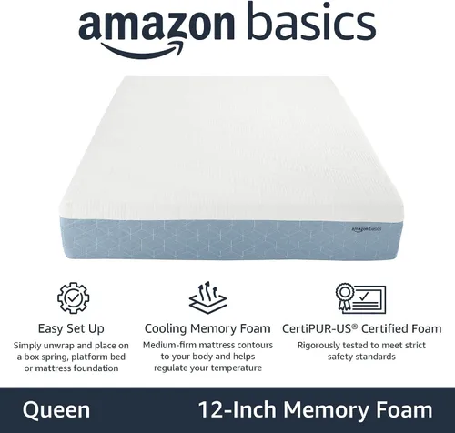 Vista 2 de Amazon Basics Colchón de espuma viscoelástica, firmeza media, gel refrescante, colchón tamaño Queen, espuma certificada CertiPUR-US®, 80 x 60 x 12