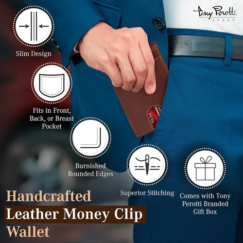 Vista 5 de Tony Perotti Cartera delgada de cuero italiano con clip para dinero para hombre, cartera RFID ultrafina con ranuras para tarjetas de crédito