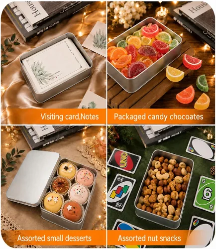 Vista 7 de Paquete de 8 cajas de latas de metal vacías con tapa, latas de galletas rectangulares de metal plateado para golosinas, regalos, regalos, velas