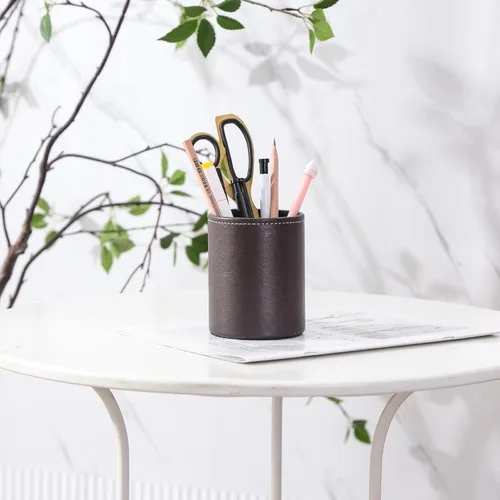 Vista 6 de Soporte para bolígrafo para escritorio, soportes de lápiz de cuero PU para cosméticos suministros de oficina, organizador de escritorio negro PH107