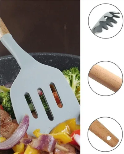 Vista 5 de TOEWOE Juego de utensilios de cocina de silicona, 12 piezas antiadherentes de silicona para el hogar, mango de madera, resistente al calor