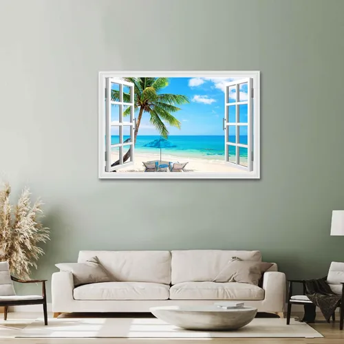 Vista 5 de Woxfcart Lienzo decorativo para pared, diseño de palmera de playa, ventana falsa, océano tropical, paisaje natural, impresiones de imágenes