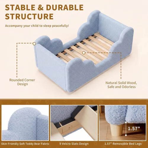 Vista 3 de Cama Montessori tapizada con rieles extraíbles Azul bebé