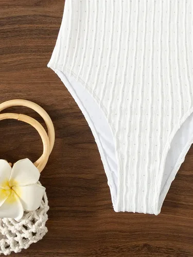Vista 4 de MakeMeChic Women's Ruffle Trim Eyelet Bandeau One Piece Swimsuit Tube Bathing Suit with Straps