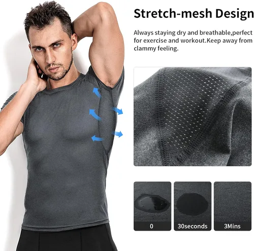 Vista 3 de Niksa Camisas de compresión para hombre, paquete de 3, camisetas de compresión atléticas de manga corta, camisetas de entrenamiento frescas y secas