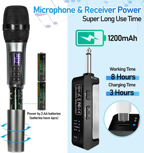 Vista 4 de Sistema de karaoke inalámbrico con receptor Bluetooth recargable, micrófono inalámbrico dinámico de mano profesional, rango UHF de 200 pies, salida