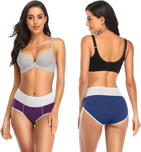 Vista 5 de QOVOQ Ropa interior de algodón para mujer, cobertura completa, cintura alta, elásticos, suaves, cómodas, paquete múltiple