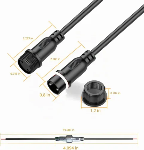 Vista 2 de Conectores Impermeables de 2 Cables, 12AWG Enchufe Conector LED Macho Hembra con Conectores Impermeables de 2 Pines, Cable de Extensión IP68 de 25CM