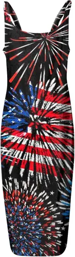 Vista 5 de ZEFOTIM Vestido del 4 de julio para mujer, sexy, sin mangas, con tirantes delgados, cuello en U, entallado, midi, casual, verano, bandera