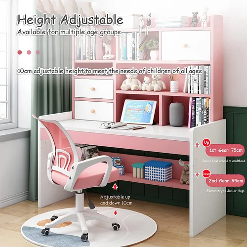 Vista 3 de QQXX Juego de escritorio y silla de altura ajustable, mesa de estudio de madera con gabinete y cajón de almacenamiento, mesa de escritorio de Azul A