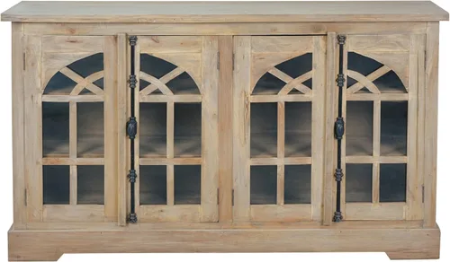 Vista 3 de Sunset Trading Vitrina de madera maciza Credenza con puerta de vidrio arqueada Servidor de buffet totalmente ensamblado, 63 pulgadas de ancho