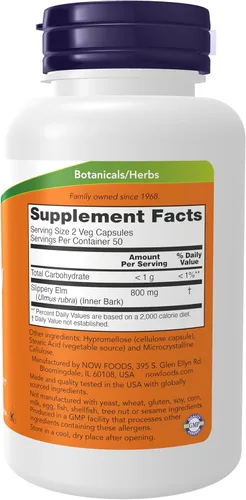 Vista 2 de NOW Supplements, Olmo resbaladizo (Ulmus rubra) 400 mg, Suplemento herbario, 100 cápsulas vegetales