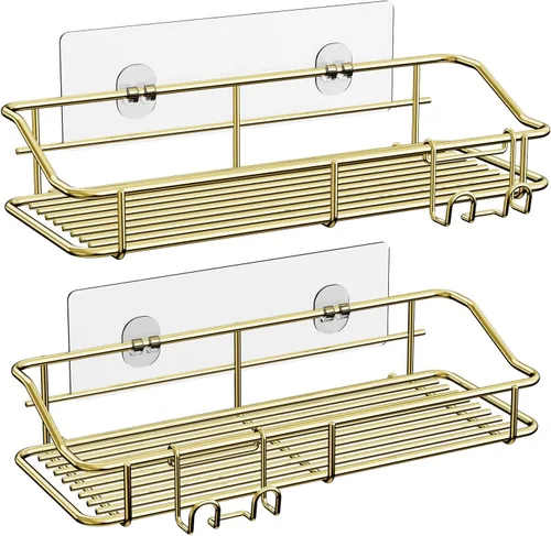 Vista 13 de Nieifi - Estante adhesivo para ducha con estantes de almacenamiento sin perforación de acero inoxidable con ganchos para baño, lavabo, aseo