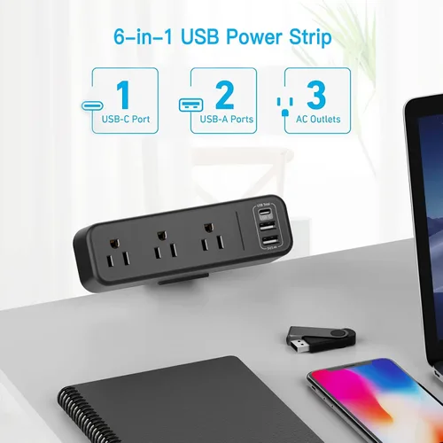 Vista 3 de Regleta de alimentación con abrazadera de escritorio de 3 salidas con USB C, enchufe plano negro abrazadera de borde de escritorio, enchufe