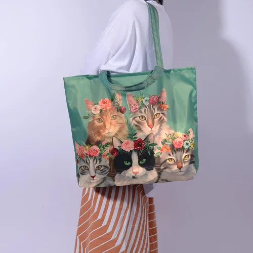 Vista 8 de NymphFable Bolsas de compras para gatos lindos, paquete de 2 bolsas reutilizables para comestibles de 50 libras Tela de poliéster duradera, diseño