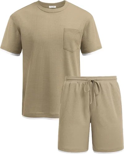 Vista 69 de COOFANDY Conjunto de camisa y pantalones cortos de gofre para hombre, conjunto de 2 piezas, conjunto casual de verano con bolsillos