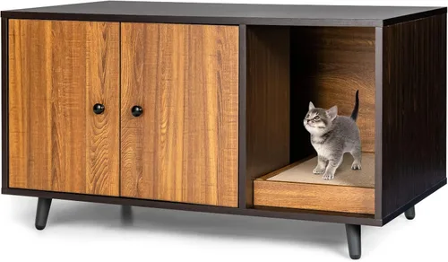 Vista 10 de Tangkula Caja de arena para gatos, baño para gatos con división, almohadilla para rascar, pata de metal, gabinete cerrado para mascotas con puertas