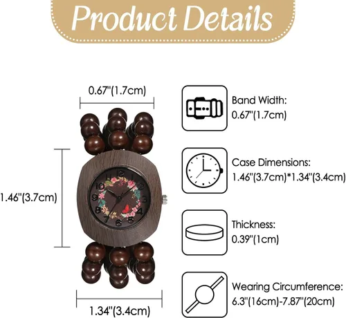 Vista 6 de JewelryWe Reloj elástico de madera bohemio pulsera de madera con cuentas Tonneau hecha a mano, esfera floral con banda elástica, reloj de pulsera