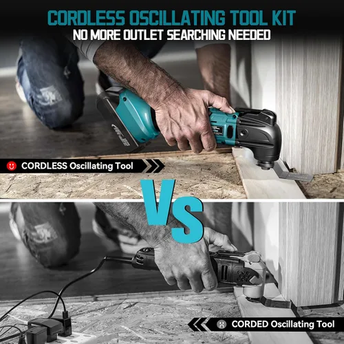 Vista 4 de Herramienta oscilante inalámbrica compatible con batería Makita, herramienta de motor sin escobillas de 21000 OPM máx con mango auxiliar Azul