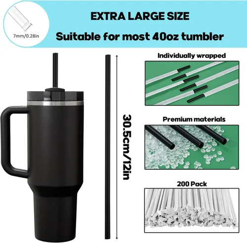 Vista 2 de 200 popotes desechables negros para vasos de 40 onzas, pajitas extralargas desechables para vaso Stanley Cup de 30 onzas y 40 onzas, popote envuelto