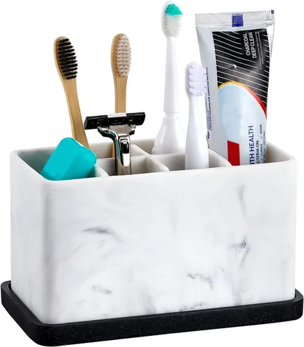 Vista 10 de ZCCZ Soporte para cepillo de dientes, organizador de baño de 6 ranuras para almacenamiento en cubierta, contiene pasta de dientes, hilo dental 1.