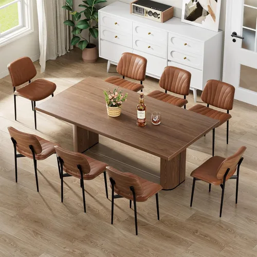 Vista 41 de Juego de 2 sillas de comedor, modernas sillas tapizadas de piel sintética de mediados de siglo con respaldo de nogal y patas de metal, pies