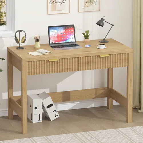 Vista 13 de YOMILUVE Escritorio estriado para computadora con 2 cajones, escritorio pequeño de computadora de 39 pulgadas con almacenamiento, escritorio Blanco
