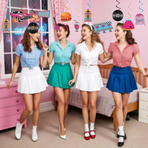 Vista 4 de Decoraciones para fiestas de los años 50, retro de los años 50, remolinos colgantes de música rock and roll, ensamblados y listos para usar